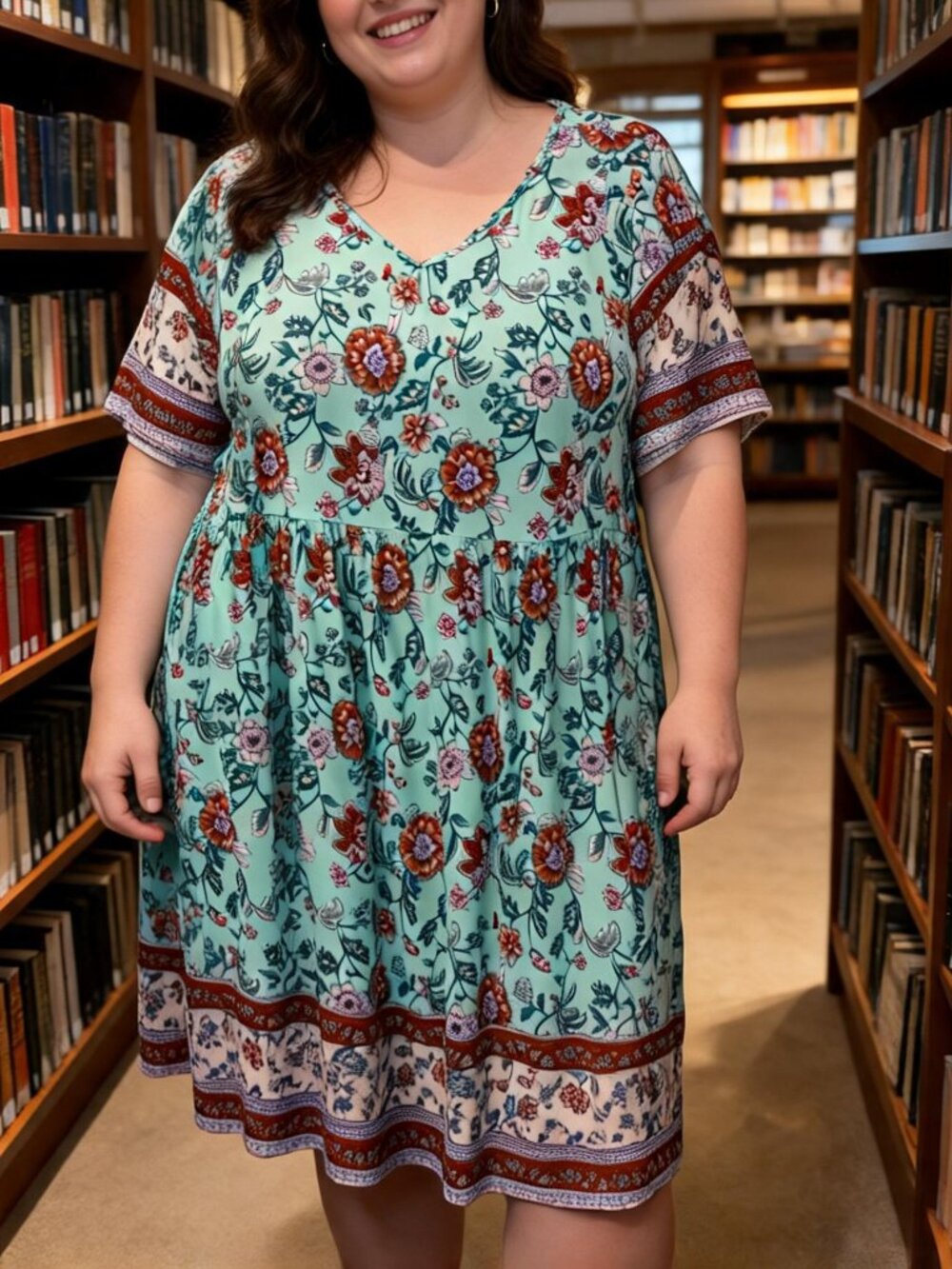 Muyi Shan Boho Floral V-Neck Babydoll Dress Aqua Rust Plus Size 2XL Fits Up To 2